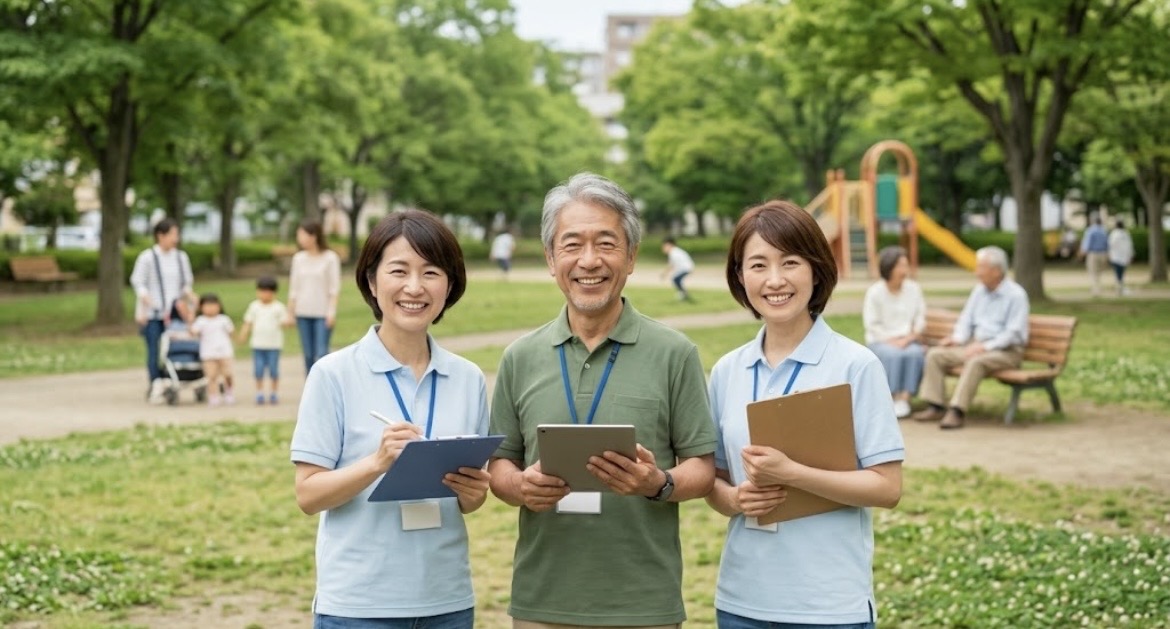 緑の公園で調査票を持つ3人